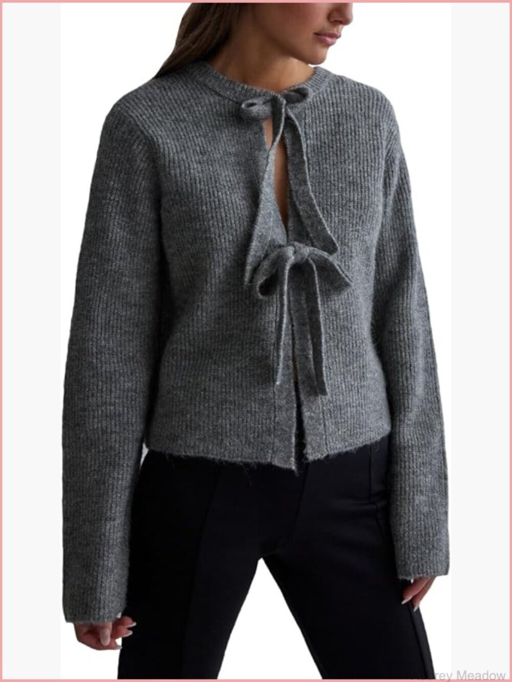 Cropped Ribbed Knit Cardigan Long Sleeve Bow Tie Front Open Front Tops